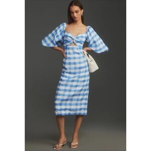 NWT Anthropologie x RHODE Noa Linen Midi Dress Short Sleeve Check Blue White 8